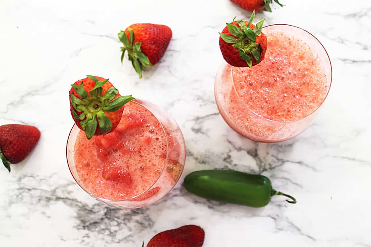 Overhead of 2 mules showing rich slushie cocktail.