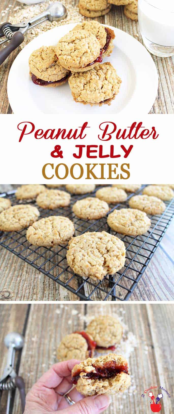 Peanut Butter and Jelly Cookies | 2 Cookin Mamas A peanut butter & jelly cookie? Yep! Your favorite sandwich just became a cookie. Sweet jelly is sandwiched between rich peanut butter cookies, for the perfect after school treat. 