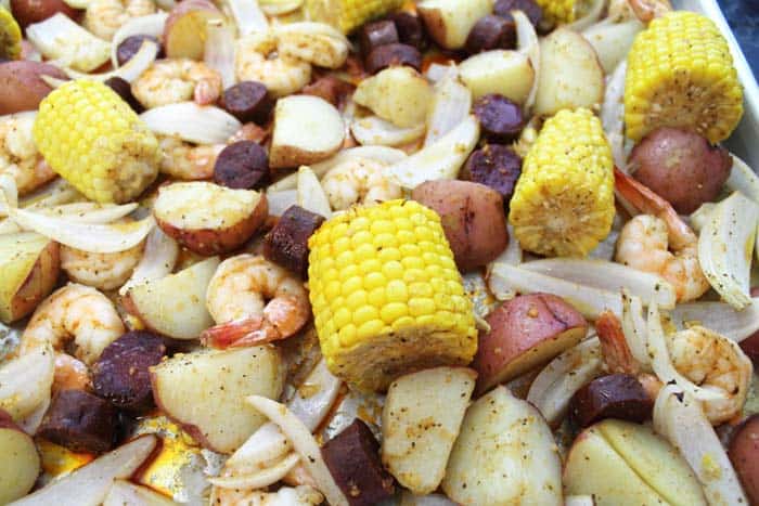 Sheet Pan Shrimp Boil Dinner closeup | 2 Cookin Mamas