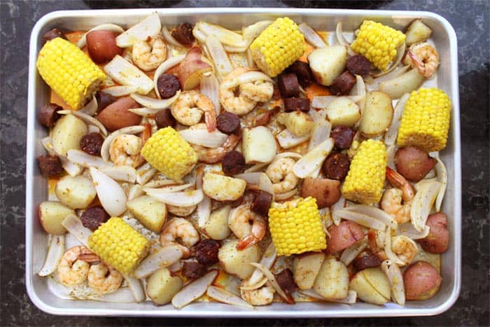 Sheet Pan Shrimp Boil Dinner overhead | 2 Cookin Mamas