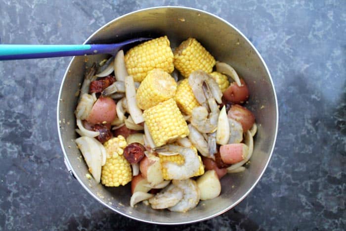 Sheet Pan Shrimp Boil Dinner toss | 2 Cookin Mamas