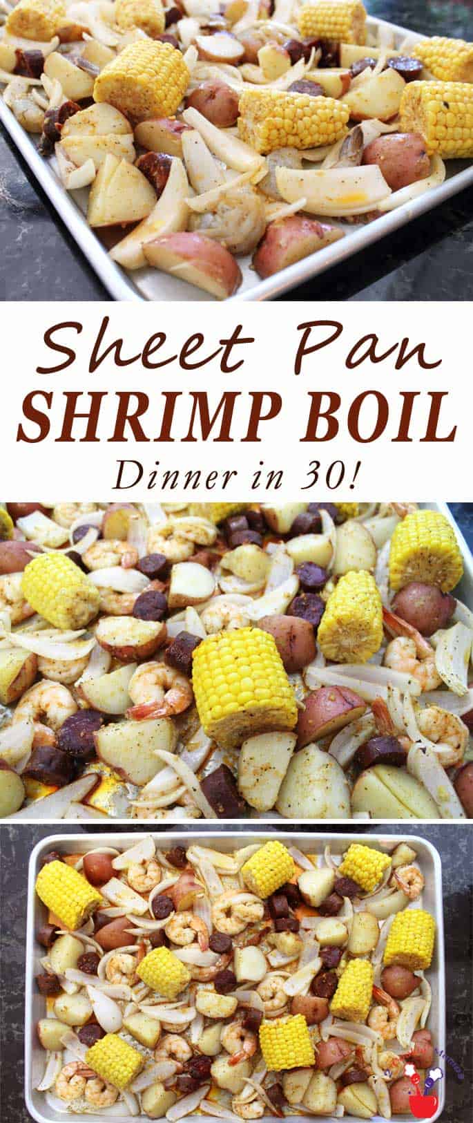 Sheet Pan Shrimp Boil Dinner | 2 Cookin Mamas This easy sheet pan shrimp boil dinner has all the flavors of an original boil - spicy shrimp, sausage, corn & potatoes, with less cleanup & done in 30.