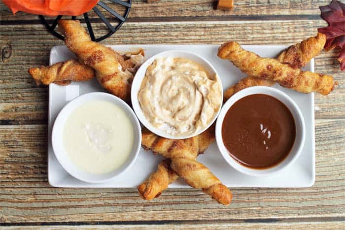 Apple Pie Twists dipping sauces overhead | 2 Cookin Mamas