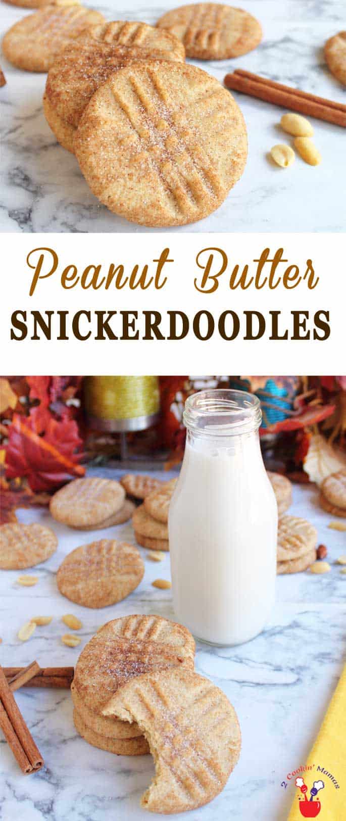 Peanut Butter Snickerdoodles | 2 Cookin Mamas Peanut butter snickerdoodles bring the soft chewy goodness of peanut butter cookies to cinnamon-y snickerdoodles for a whole new taste sensation. #cookies #recipe #dessert