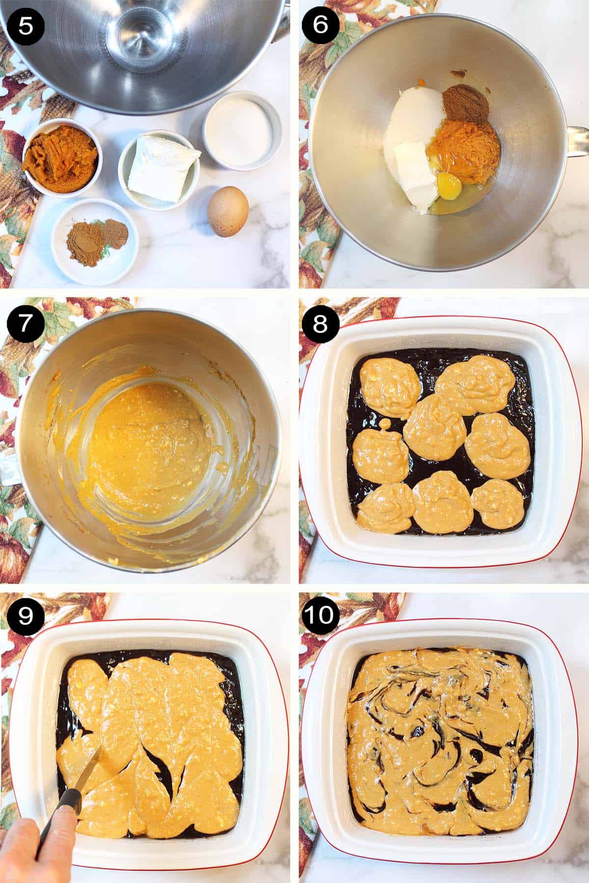 Prep steps for pumpkin cheesecake and swirling into brownies.