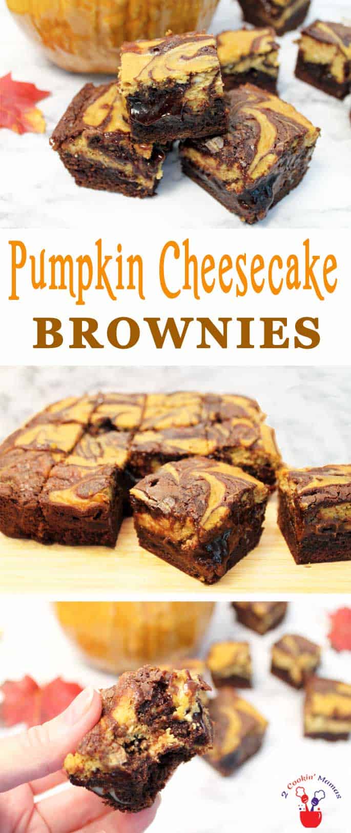 Our Pumpkin Cheesecake Brownies are your favorite chocolaty brownies accented with rich, creamy pumpkin cheesecake. It's the perfect fall treat! #dessert #pumpkin #cheesecakebrownies #falldessert #quickandeasydessert #brownies