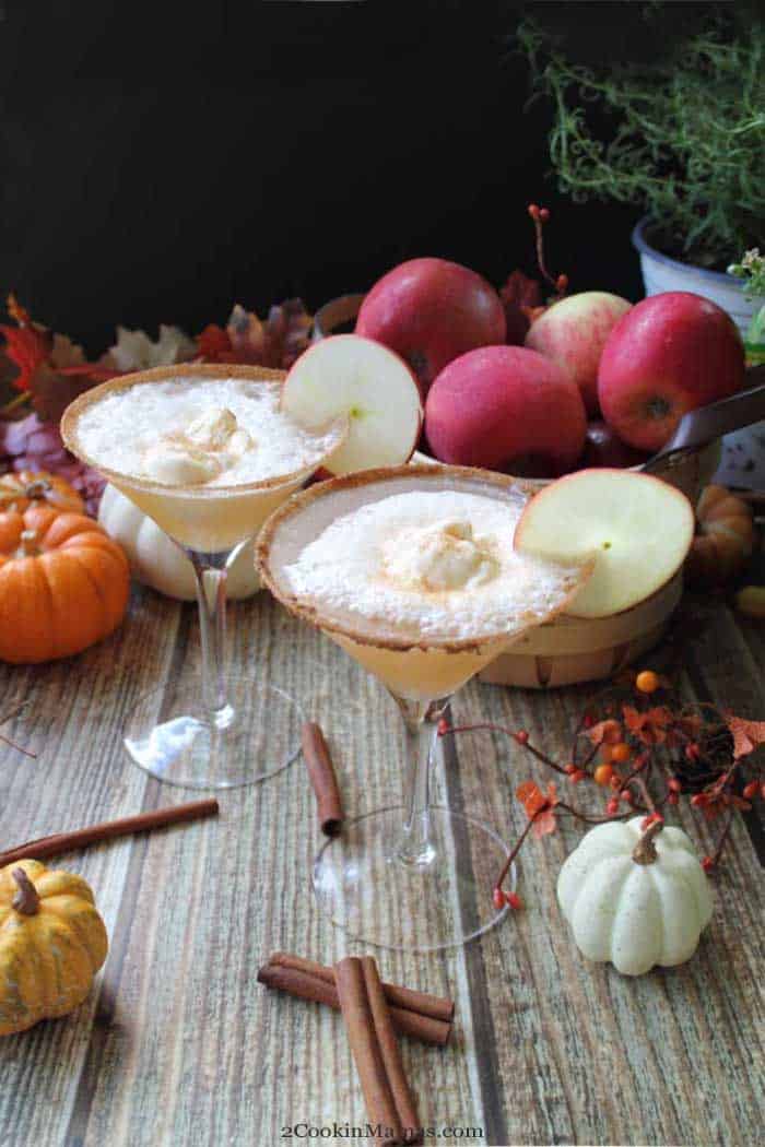 Apple Cider Float Cocktail tall | 2 Cookin Mamas Cheers to fall with our Apple Cider Float Cocktail! A delicious combination of apple cider, a dash of cinnamon, some chilled champagne and topped off with a scoop of vanilla ice cream. It's like a decadent for-adults-only ice cream float! #cocktail #fall #applecider #recipe #icecream #drink