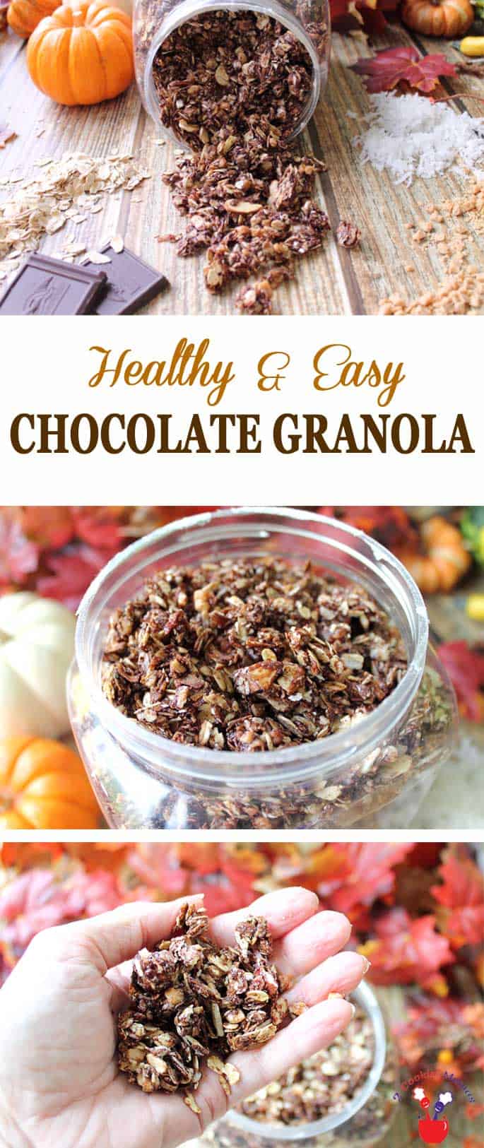 Who wouldn't love their favorite morning granola in chocolate? This Chocolate Granola is not only decadently chocolaty & flavored with toffee bits but full of healthy ingredients like oats, almonds, coconut and honey. Can you say dessert for breakfast anyone? #granola #breakfast #chocolate #recipe #almonds #toffeebits #coconut