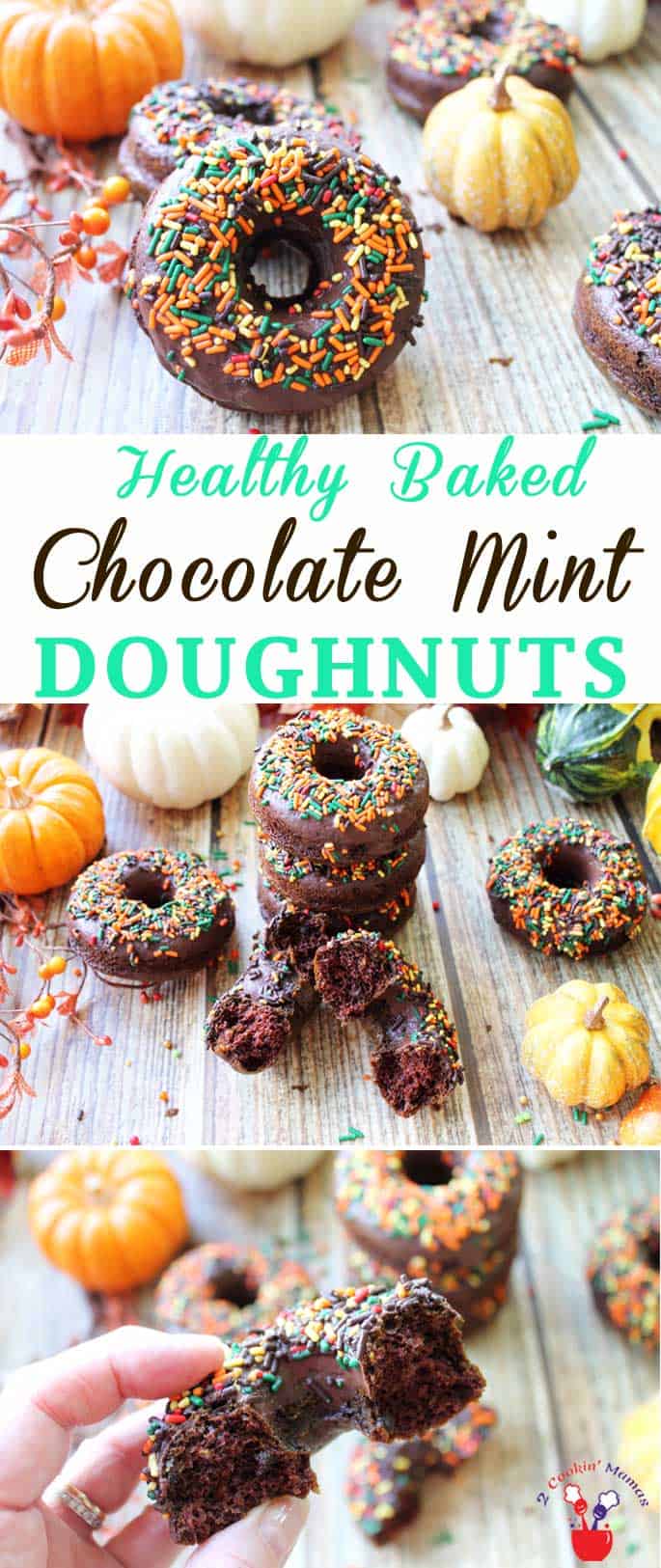 Chocolate Mint Doughnuts | 2 Cookin Mamas Our healthy, baked Chocolate Mint Doughnuts are rich, chocked full of chocolate, flavored with mint and, get this, pretty darn good for you! Of course, topped with a chocolate glaze and sprinkles just makes them even more irresistible! #recipe #healthy #doughnuts 