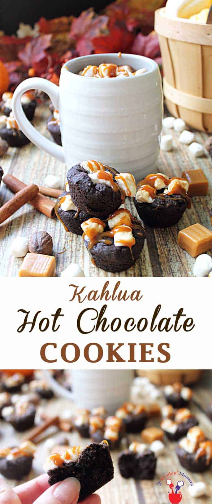 Kahlua Hot Chocolate Cookies | 2 Cookin Mamas Kahlua Hot Chocolate Cookies are rich & full of chocolate, cinnamon & coffee flavor. Topped with marshmallows & a caramel drizzle, they're a decadent treat. #cookies #recipe #hotchocolate