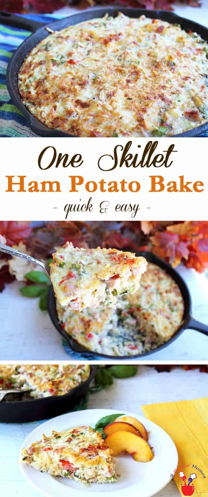 One Skillet Cheesy Ham Potato Bake | 2 Cookin Mamas Easy to make & easy to clean up, this one skillet cheesy ham potato bake is a complete hearty dinner, full of cheesy goodness, potatoes and ham. #recipe #dinner #quickandeasy