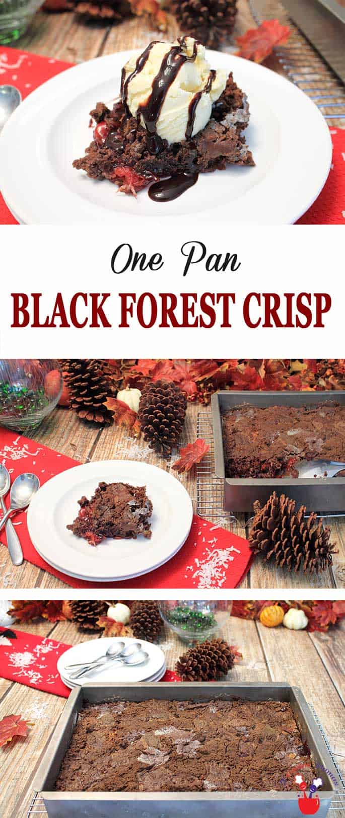 Black Forest Crisp | 2 Cookin Mamas Black Forest Crisp is a quick & easy cake that can be made in minutes. Just 6 ingredients & one pan yield a delicious crispy chocolate cake over a gooey cherry-pineapple-coconut filling. Great for holiday entertaining! #blackforestcake #chocolatecake #dumpcake #dessert #cake #Christmasdessert