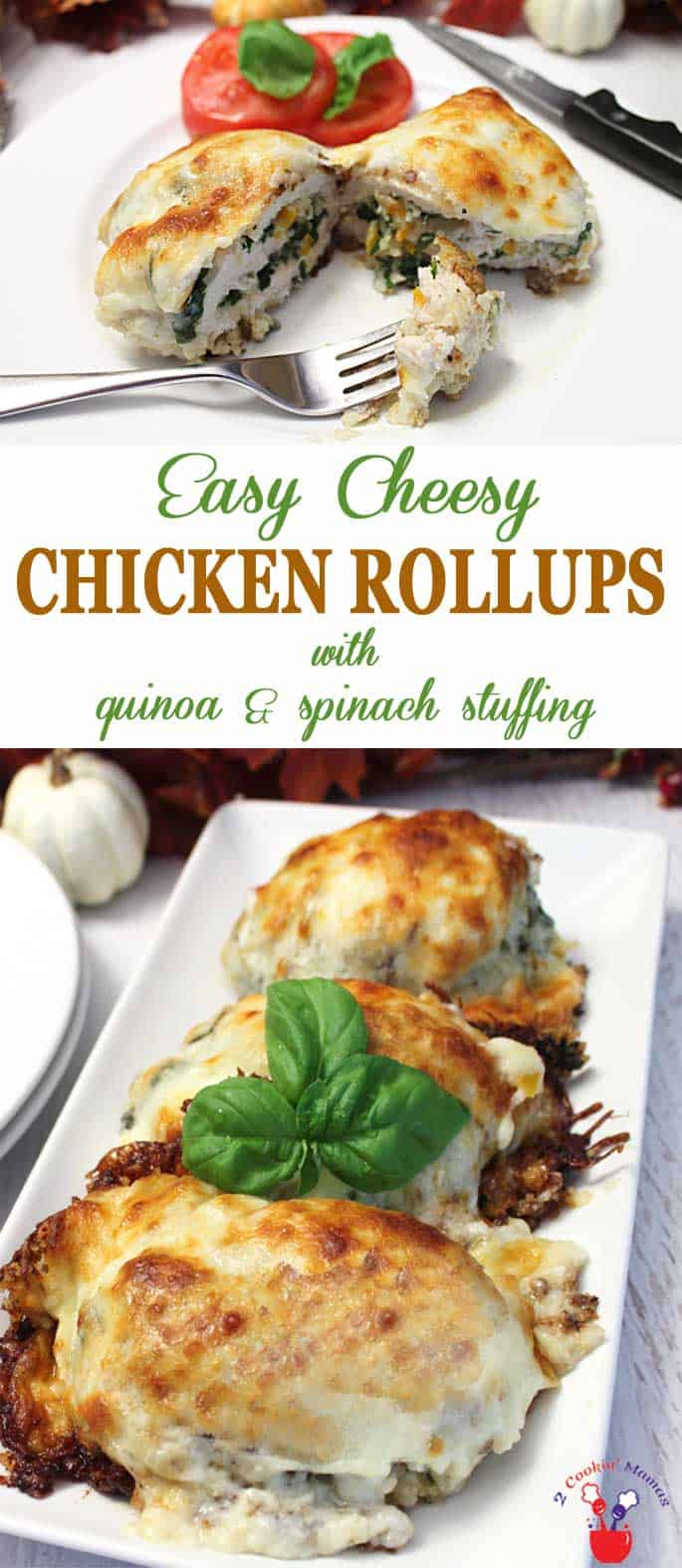 These easy cheesy chicken rollups have everything you need for a healthy, delicious dinner all rolled up in a chicken breast - quinoa, spinach & lots of ooey gooey cheese. #chickenbreasts #easydinnerrecipe #recipe #dinner #spinach #quinoa