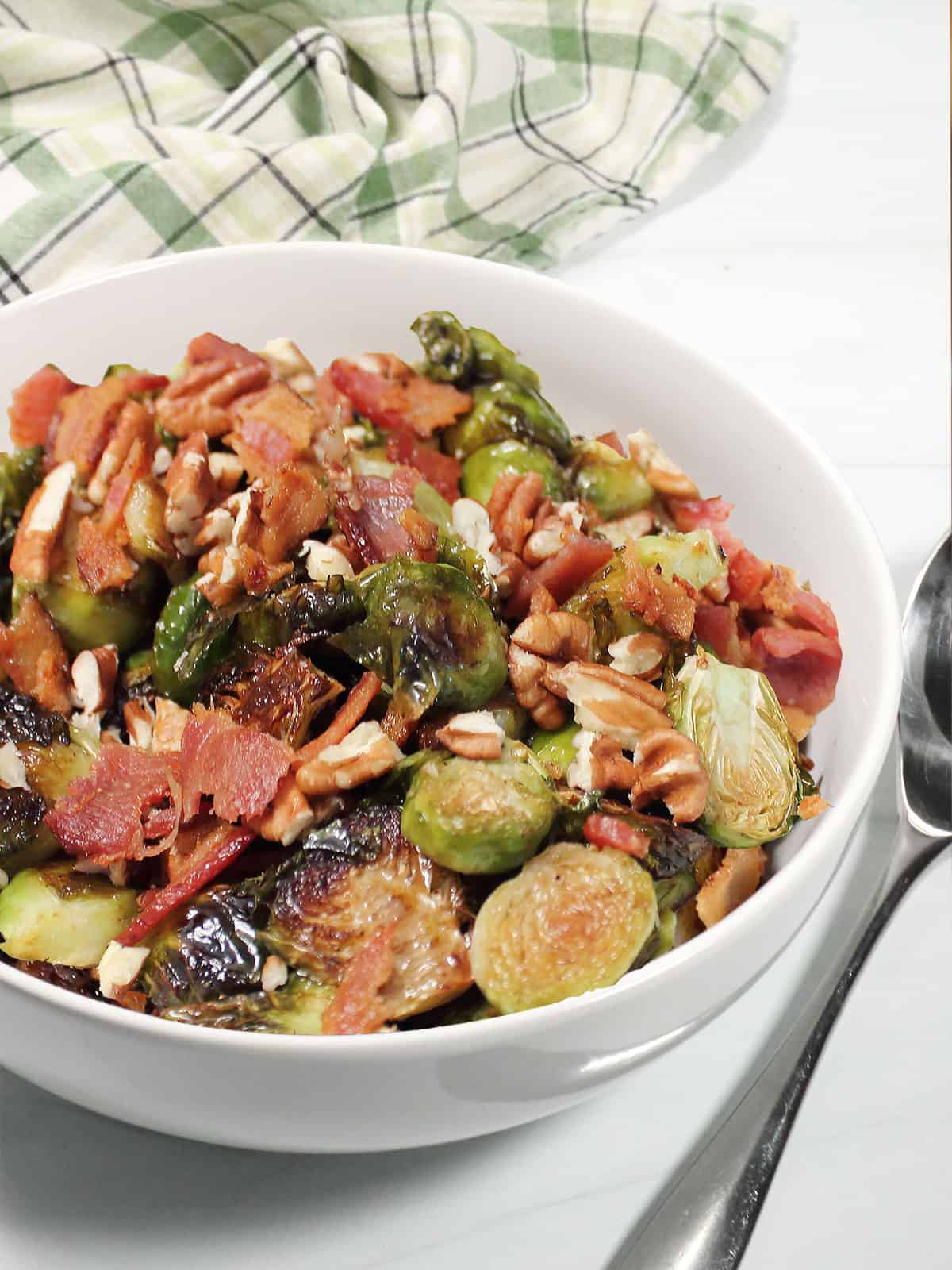 Maple Roasted Brussels Sprouts in serving bowl.