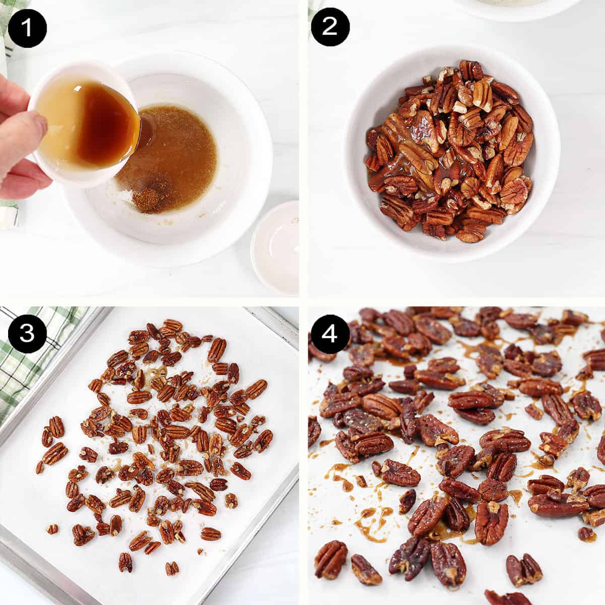 Steps to make maple roasted pecans.
