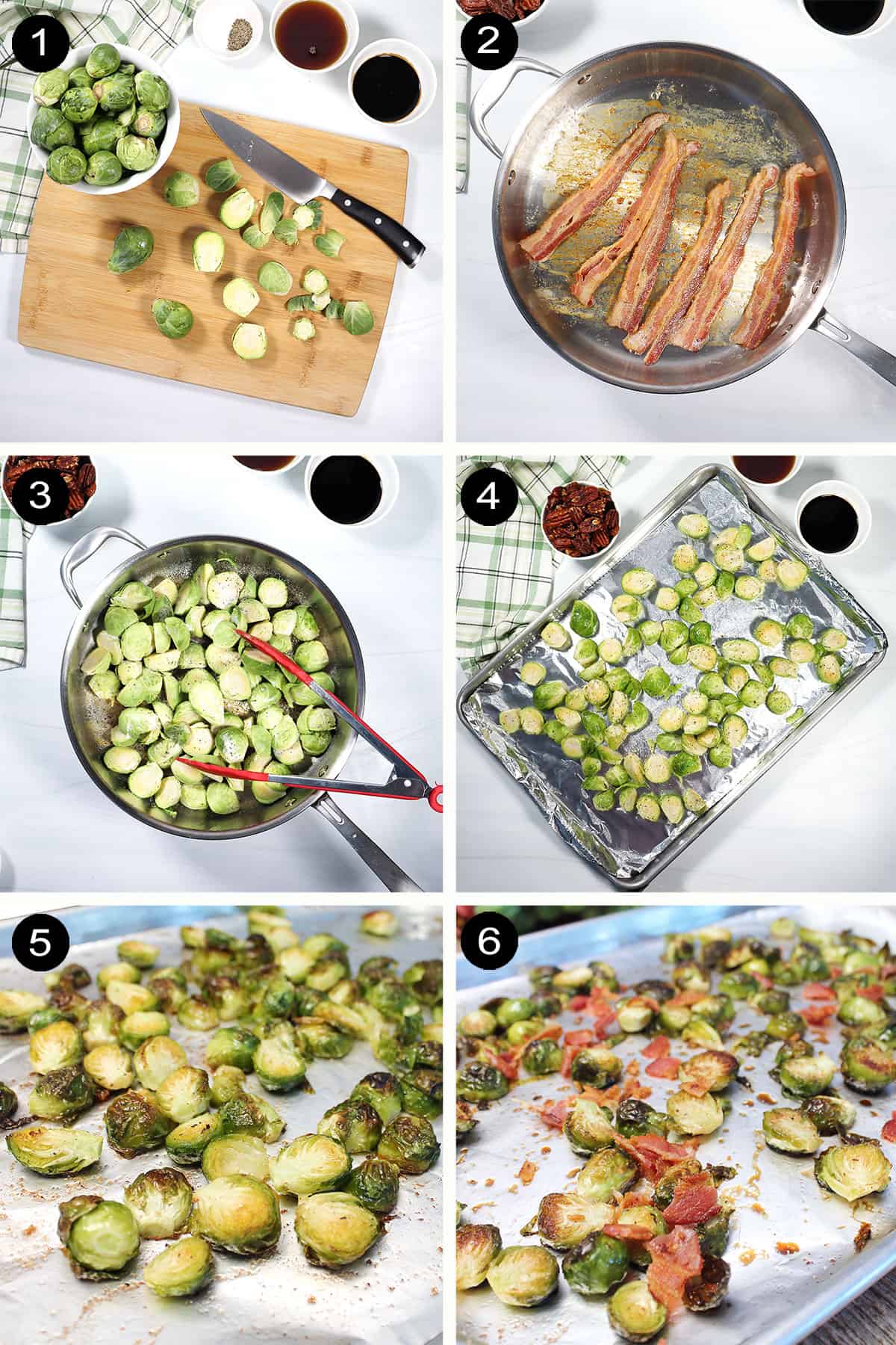 Prep steps to make maple roasted brussels sprouts.