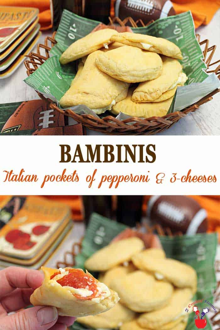Bambinis are little pockets of appetizer deliciousness. Pepperoni, mozzarella cheese, Parmesan and Ricotta are enclosed in a flaky biscuit. It's the perfect handheld yumminess for party time. #appetizer #footballappetizer #superbowlappetizer #pepperoni pepperonipockets