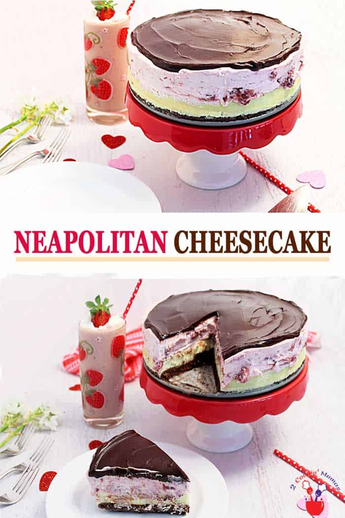Neapolitan Cheesecake | 2 Cookin Mamas This Neapolitan Cheesecake has 4 layers of deliciousness - dense chocolaty brownie, creamy vanilla bean cheesecake, light and sweet strawberries and cream and a topping of thick rich chocolate ganache. OMG! What's not to love? #cheesecake #dessert #recipe #ad