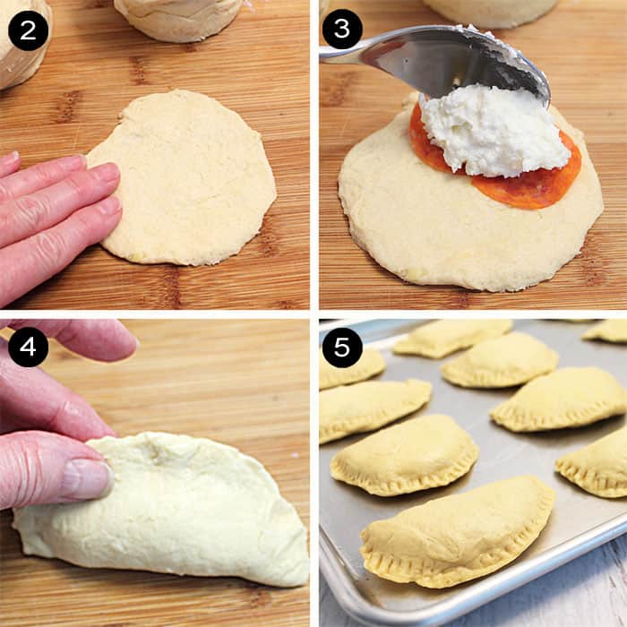 Steps to assemble hot pockets with biscuits.