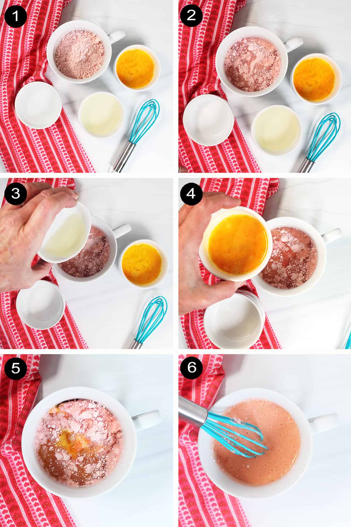 Collage of steps to make strawberry mug cake.