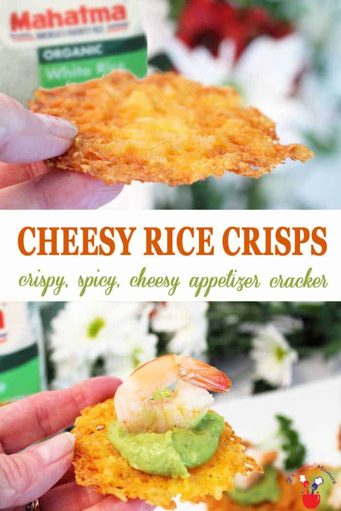Cheesy Rice Crisps | 2 Cookin Mamas These Cheesy Rice Crisps bake up to a thin, crispy cheesy cracker that's a perfect base for almost any appetizer. Just 3 ingredients, some spices and your choice of toppings can put these crisp, gluten-free crackers on your table in no time. #MahatmaRice @MahatmaRice #ad #appetizer #rice #recipe