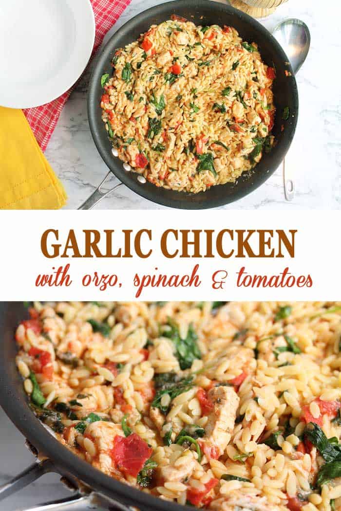 Garlic Chicken with Orzo is a quick and easy dinner, made all in one skillet, and ready in 30 minutes. Moist chicken is combined with garlic, onion, tomatoes, spinach and orzo to give you a well rounded meal with little cleanup. Believe me, this is one meal everyone will be asking for seconds. #chickenbreasts #dinnerrecipe #chicken #orzo #oneskilletdinner #quickandeasyrecipe #recipe