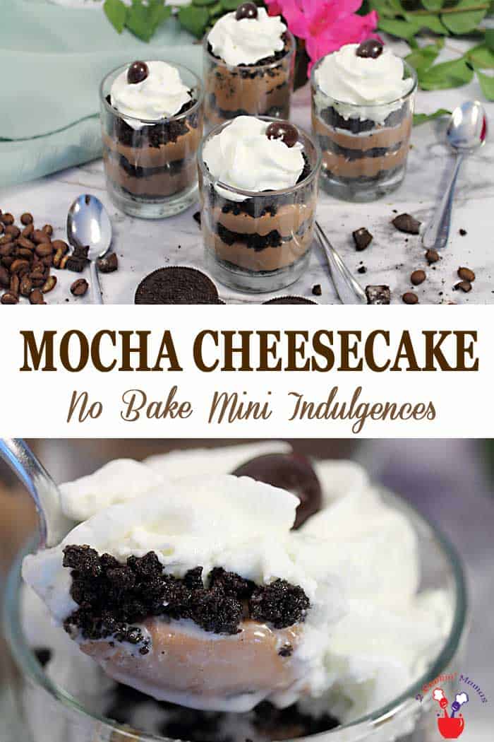 Don't let the mini size fool you, these No Bake Mocha Cheesecake Mini Indulgences are simply divine! Oreo crumbs are layered with mocha cheesecake then topped with whipped cream and an espresso bean to give you a gourmet dessert that only takes 20 minutes to pull together. Small but decadent, they make the perfect ending for any meal. #chocolatedessert #mochacheesecake #Oreos #chocolate #dessert #miniindulgences #nobakedessert #quickandeasydessert