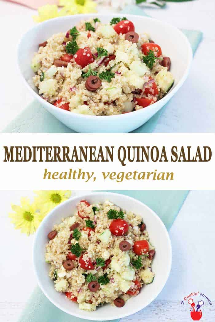 Mediterranean Quinoa Salad | 2 Cookin Mamas Greek Quinoa Salad is a hearty and healthy salad that’s perfect for the warm summer days ahead. Quinoa is combined with cucumbers, tomatoes and the best of Greek flavors, olives and feta cheese, then dressed with an olive oil dressing to give you a heart-healthy lunch, vegetarian dinner or an easy side dish. #salad #quinoa #healthy #vegetarian #glutenfree #Greek #recipe #easyrecipe