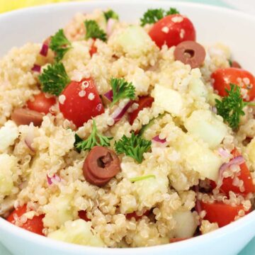 Closeup of cucumber quinoa salad with feta.