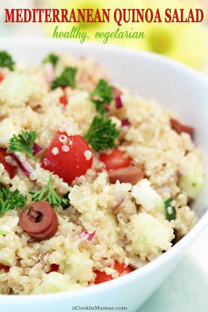 Mediterranean Quinoa Salad | 2 Cookin Mamas Healthy Mediterranean Quinoa Salad is a deliciously cool salad, full of cucumbers, tomatoes, olives & feta that’s the perfect recipe for warm summer days. Dressed with an olive oil dressing, it makes a heart-healthy lunch, vegetarian dinner or an easy side dish. #salad #quinoa #healthy #vegetarian #glutenfree #Greek #recipe #easyrecipe #tomatoes #cucumbers #olives #feta #summer
