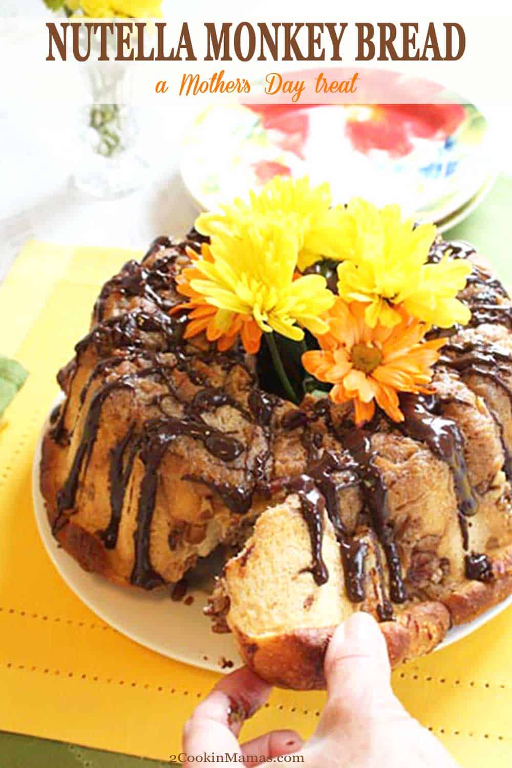 Nutella Monkey Bread | 2 Cookin Mamas Nutella Monkey bread is fun to make and even more fun to eat. Little sweet balls of dough, stuffed with Nutella, and covered in caramel glaze that easily pull off so you can pop them right into your mouth. #monkeybread #bread #breakfast #mothersday #caramel #Nutella #recipe