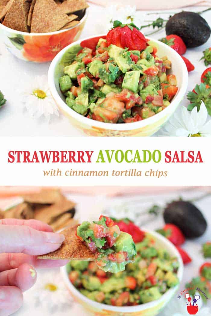 Strawberry Avocado Salsa is a deliciously bright, summery salsa that's the perfect blend of creamy avocado, sweet strawberries and spicy jalapenos. It takes just 10 minutes and 5 ingredients to make this healthy dip for your next party, picnic or barbecue. It's so good you won't want to stop eating it til it's gone! #salsa #appetizer #dip #strawberries #avocados #cinnamonchips #recipe