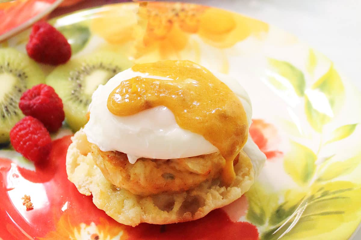 Closeup of Crab Cake Eggs Benedict serving.