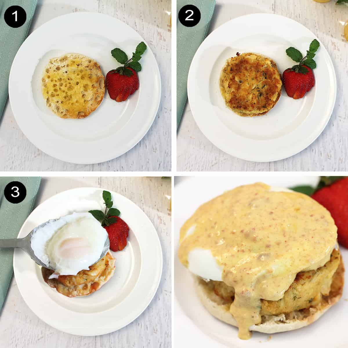 Steps to assemble carb cake benedict.