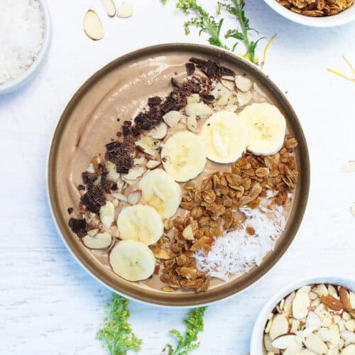 Chocolate Coffee Smoothie Bowl with toppings.