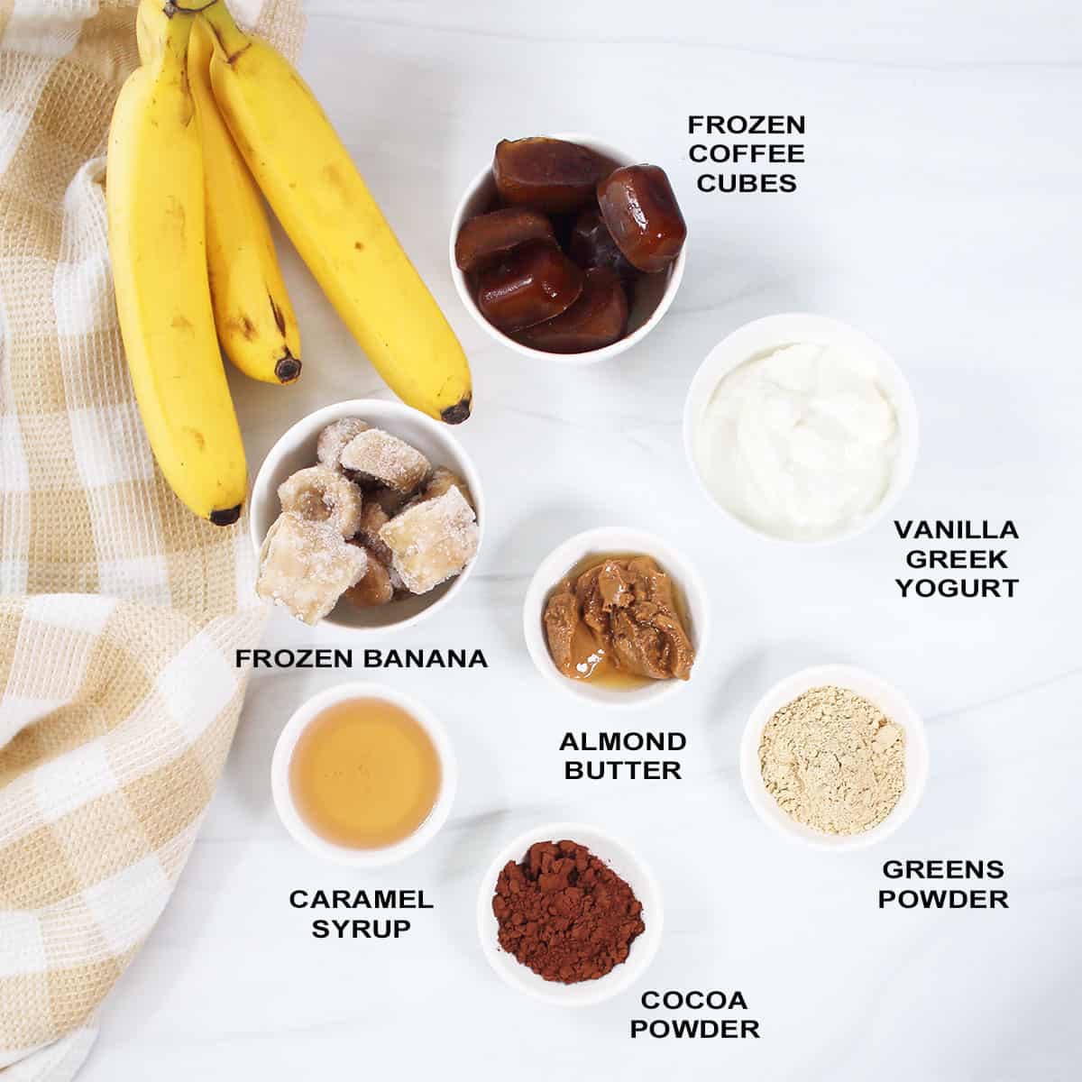 Ingredients for chocolate banana smoothie bowl.