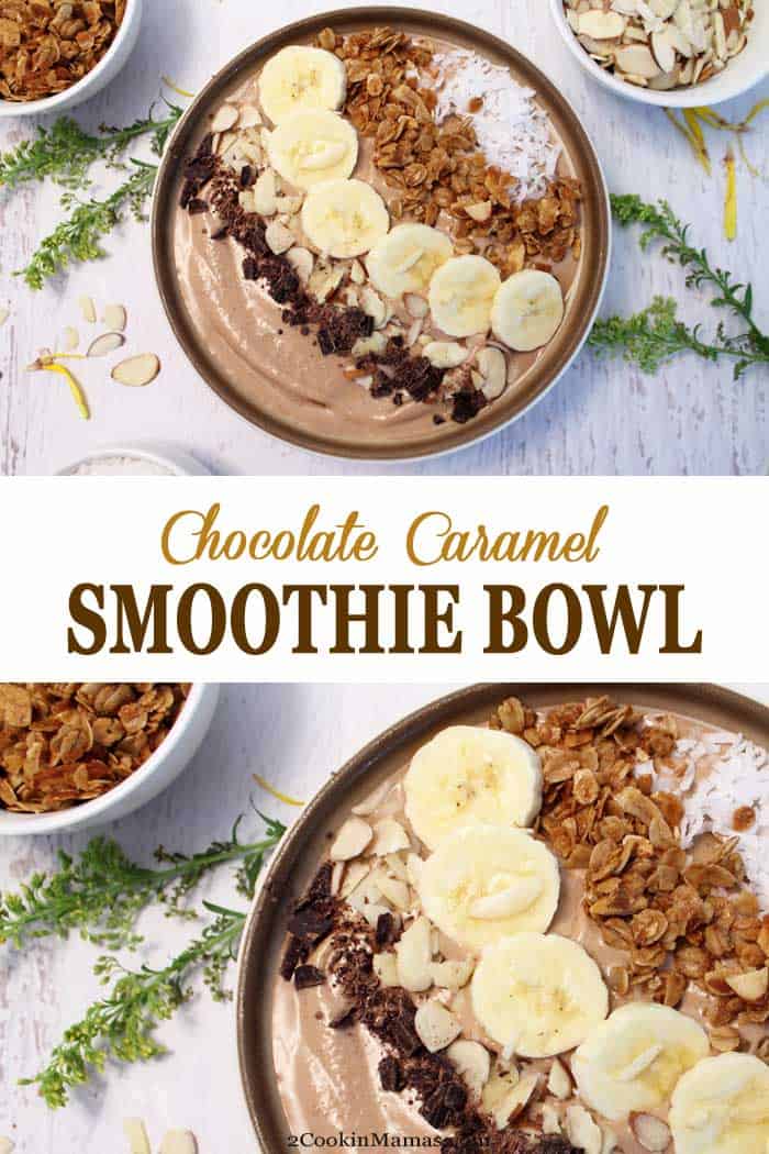 Chocolate Caramel Smoothie Bowl | 2 Cookin Mamas This Chocolate Caramel Smoothie Bowl is a great way to start your morning, fuel up after a workout, or finish your day with a guilt--free dessert. It's a rich chocolaty combination of yogurt, almond butter, bananas, caramel coffee and a healthy servings of greens. So cool off this summer with this deliciously creamy bowl of goodness. #smoothie #healthy #yogurt #green #almondbutter #breakfast #protein #chocolate #recipe #smoothiebowl #easy #coffee