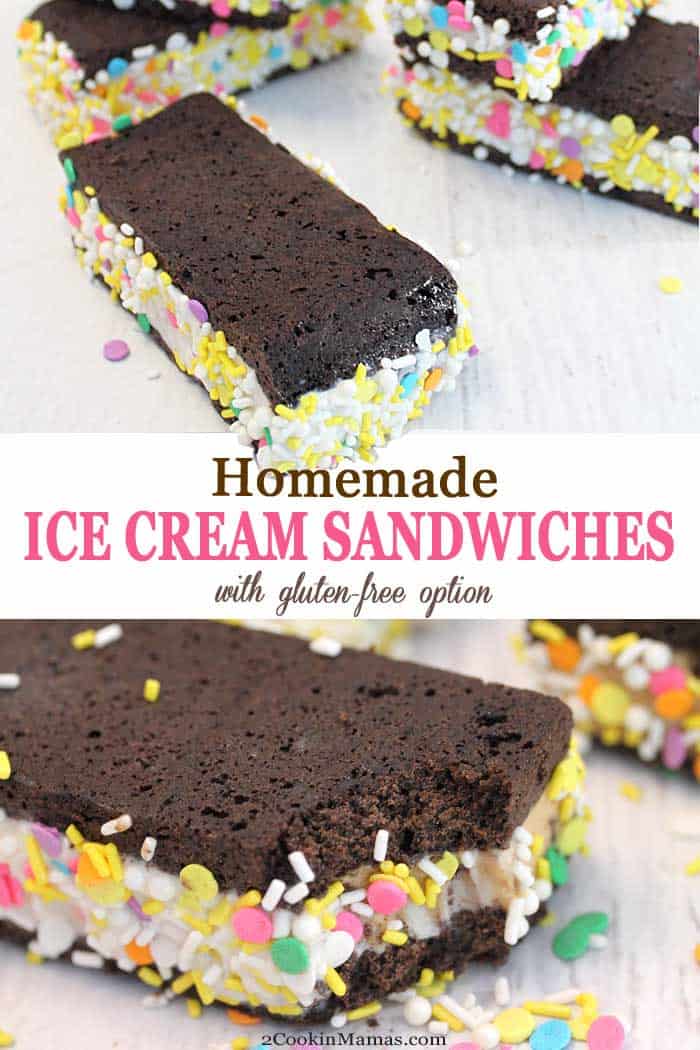 Homemade Ice Cream Sandwiches | 2 Cookin Mamas It's easy to make your own homemade ice cream sandwiches. Just bake up these easy chocolate wafers, choose your favorite ice cream, add some sprinkles to match the season and enjoy! And there's  even a gluten-free and dairy-free option! #icecream #icecreamsandiwches #dessert #summerdessert #glutenfree #dairyfree #recipe