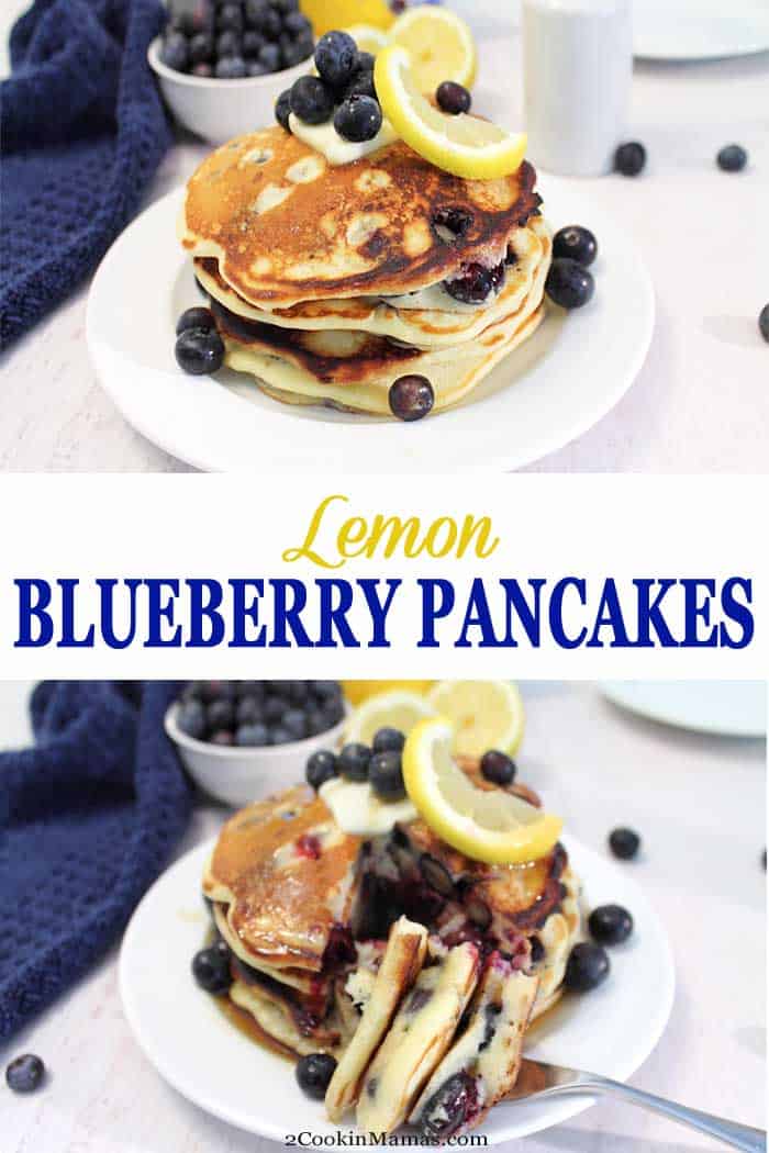 Lemon Blueberry Pancakes | 2 Cookin Mamas These light and fluffy Lemon Blueberry Pancakes bring the fresh flavors of summer to your table. Sweet blueberries are nestled into soft, flavorful lemon pancakes that will make breakfast the best meal of your day! #pancakes #blueberry #lemon #breakfast #recipe #fluffy #homemade