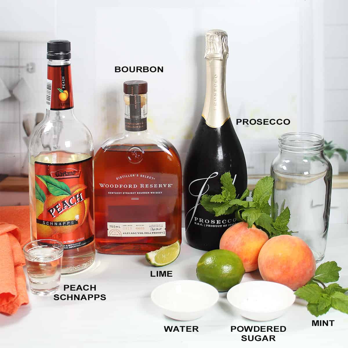Ingredients for mint julep with peach schnapps.