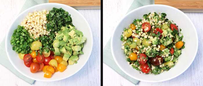 Mixing Tomato Corn Salsa salsa in white bowl.