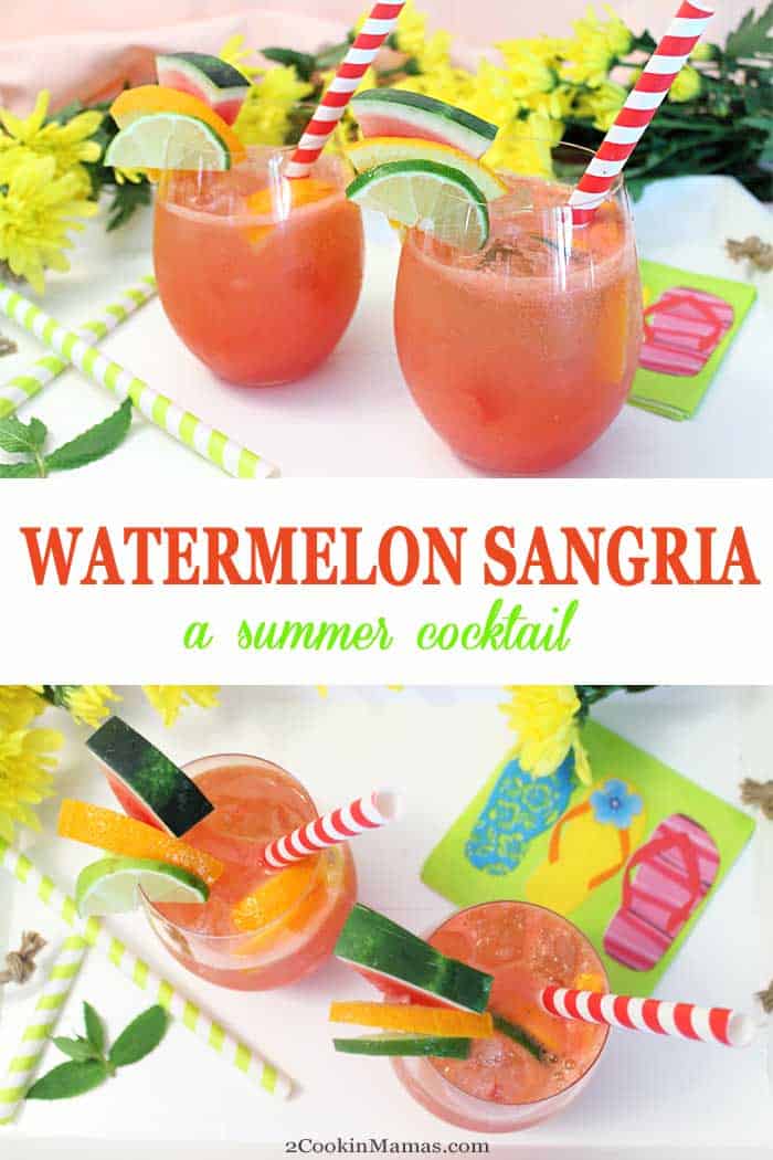 Summer calls for a cool cocktail like this refreshing Watermelon Sangria! Just blend watermelon, limes, oranges & wine, then sit back and say ah! Perfect for backyard BBQs and 4th of July picnics. summer #cocktail #wine #watermelon #drink #recipe #easyrecipe #summercocktail #4thofJuly