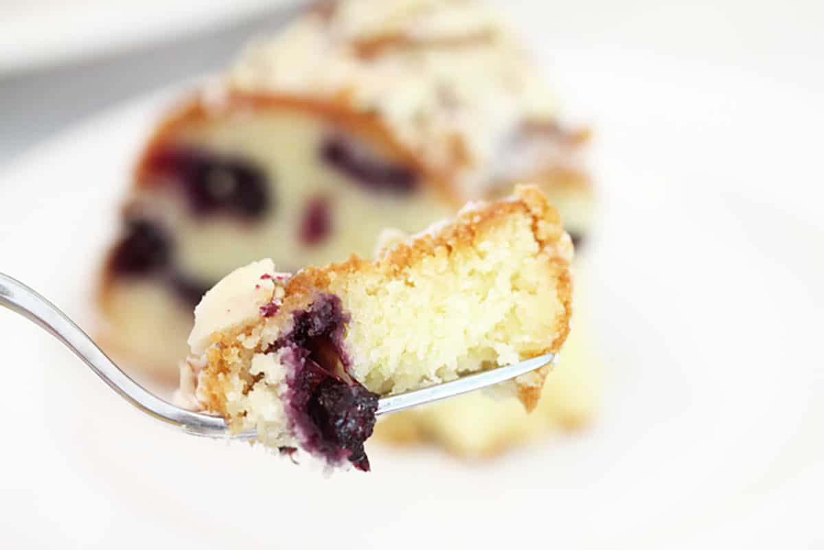 A bite of cake on fork showing how moist the cake is.