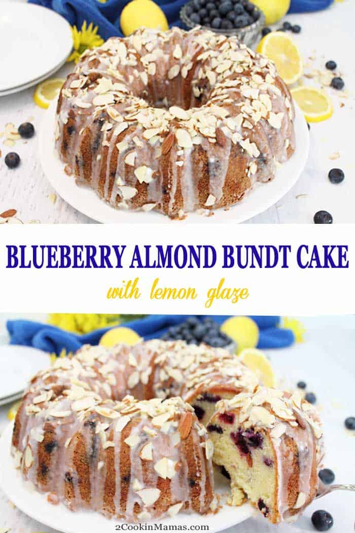 This Blueberry Almond Bundt Cake is a rich, dense cream cheese cake flavored with almond and loaded with fresh blueberries. It's kicked up a notch with a drizzle of lemon glaze & a sprinkling of almonds. Delicious recipe for dessert or even breakfast! #cake #blueberrycake #bundtcake #almonds #blueberries #breakfast #dessert #recipe