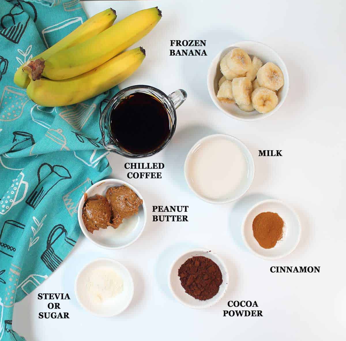 Ingredients for banana coffee smoothie.
