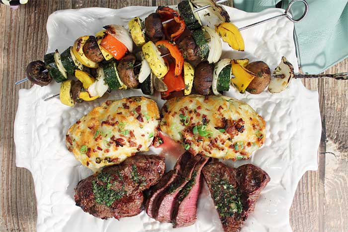 Grilled Filet Mignon dinner with vegetable skewers