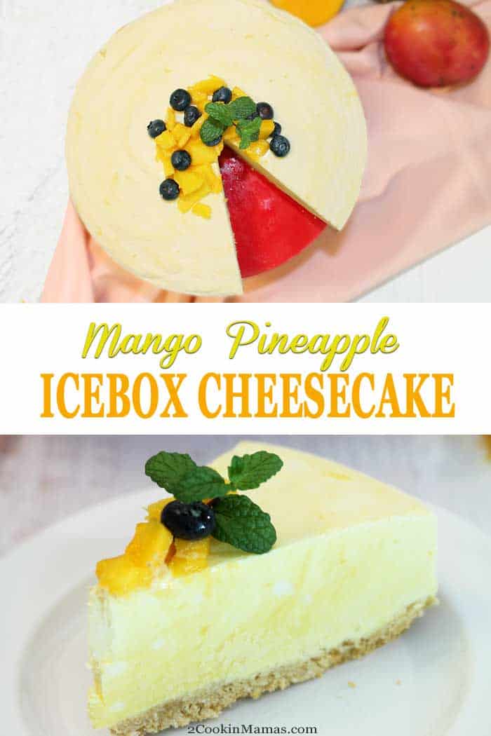 Cool off this summer with a sweet & creamy Mango Pineapple Icebox Cheesecake. Reminiscent of a mango-flavored pina colada, this frozen no-bake dessert is a decadent mixture of cream cheese, fresh mango and pineapple, a touch of rum and plenty of whipped cream. Oh, it's so good! #dessert #nobake #iceboxcheesecake #cheesecake #mango #pineapple #pinacolada #recipe #summerdessert #frozendessert