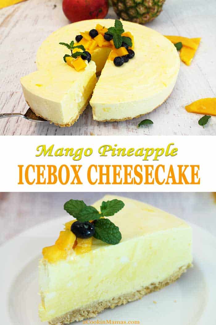 Cool off this summer with a sweet & creamy Mango Pineapple Icebox Cheesecake. Reminiscent of a mango-flavored pina colada, this frozen no-bake dessert is a decadent mixture of cream cheese, fresh mango and pineapple, a touch of rum and plenty of whipped cream. Oh, it's so good! #dessert #nobake #iceboxcheesecake #cheesecake #mango #pineapple #pinacolada #recipe #summerdessert #frozendessert