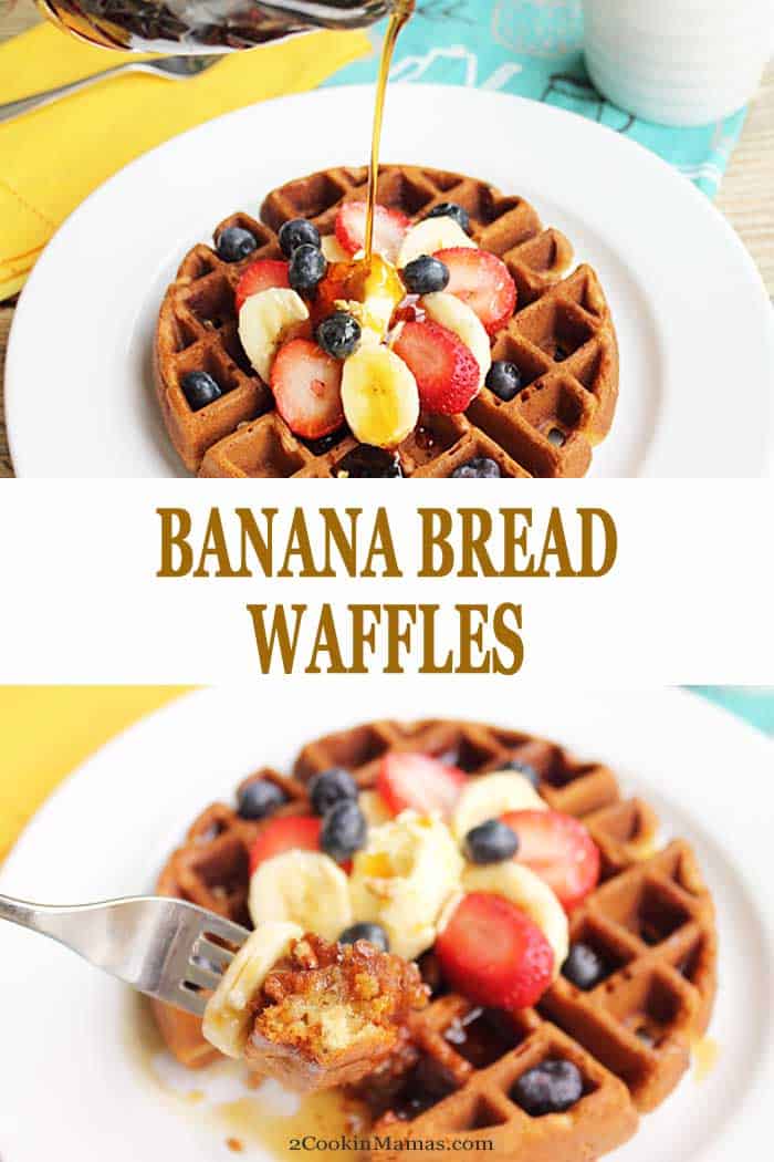 Photo 1: pouring syrup over browned waffle / Photo 2: taking a bite of waffle along with a banana slice.