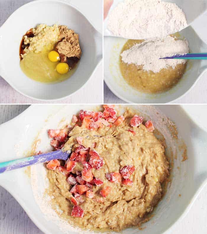 Banana Strawberry Muffins prep steps